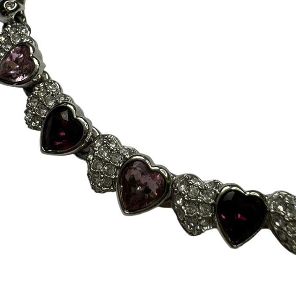 Swarovski Signed Heart Choker Necklace, Pink and Purple Stones, Rhodium Plated - Picture 3 of 8